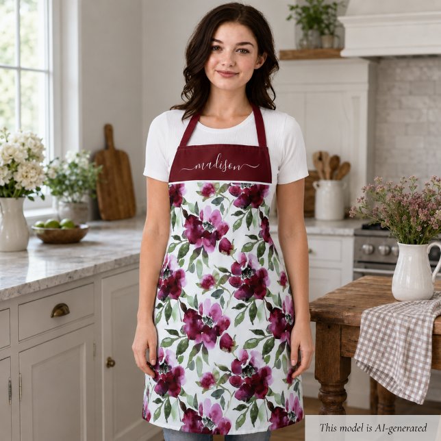Elegant Burgundy Red Floral Schürze (elegant burgundy red watercolor floral apron with custom monogram name)