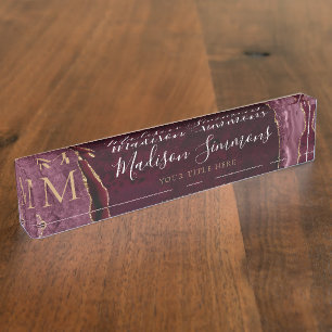 Elegant Burgundy Red Gold Agate Geode Monogram Namensplakette