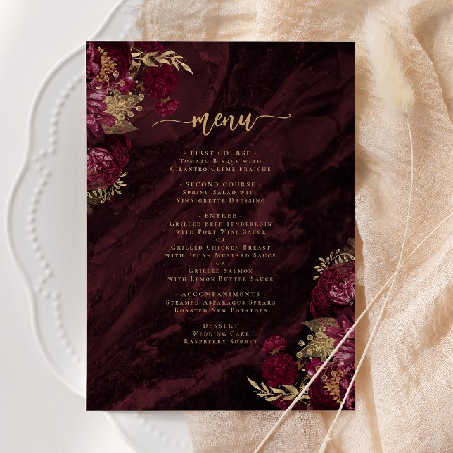 Elegant Burgundy Red Gold Floral Wedding Menükarte (Von Creator hochgeladen)