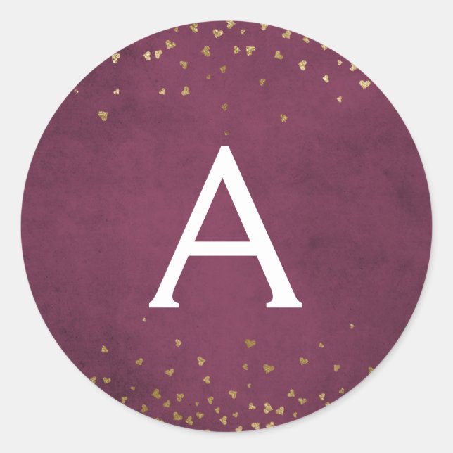 Elegant Burgundy Red - Gold Foil Confetti Monogram Runder Aufkleber (Vorderseite)