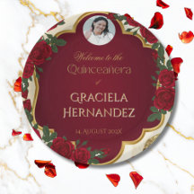 Elegant Burgundy Red & Gold Rose Quinceañera 