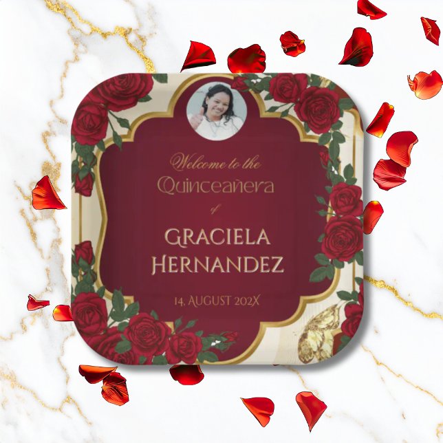 Elegant Burgundy Red & Gold Rose Quinceañera  Pappteller (Von Creator hochgeladen)