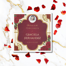 Elegant Burgundy Red & Gold Rose Quinceañera  Serviette