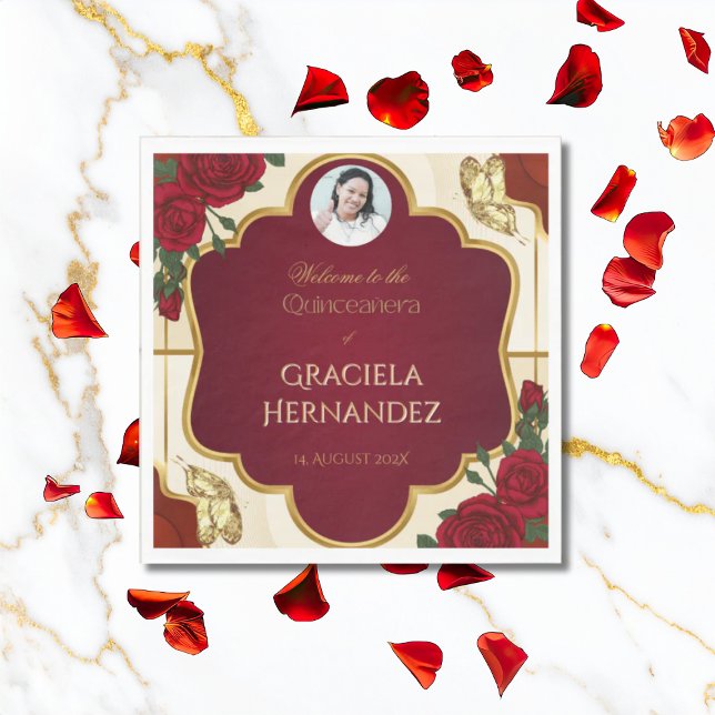 Elegant Burgundy Red & Gold Rose Quinceañera  Serviette (Von Creator hochgeladen)