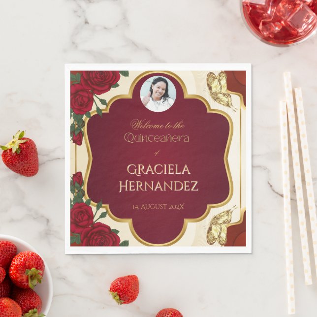 Elegant Burgundy Red & Gold Rose Quinceañera  Serviette (Beispiel)