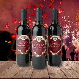 Elegant Burgundy Red & Gold Rose Quinceañera  Weinetikett