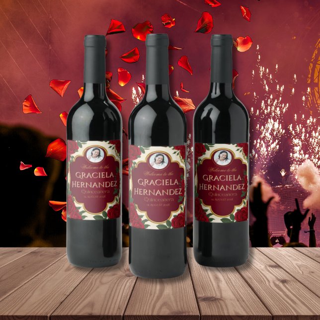 Elegant Burgundy Red & Gold Rose Quinceañera  Weinetikett (Von Creator hochgeladen)