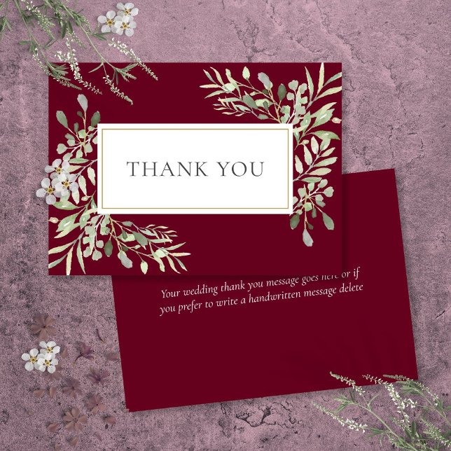 Elegant Burgundy Red Greenery Blumenhochzeit Dankeskarte (Elegant Burgundy Red Greenery Floral Wedding Thank You Card)