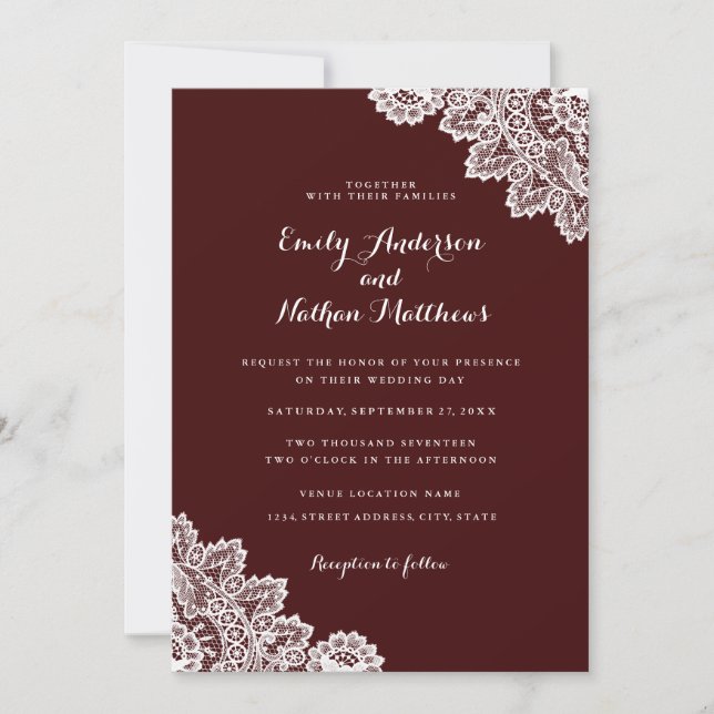 Elegant Burgundy Red Lace Wedding Einladung (Vorderseite)