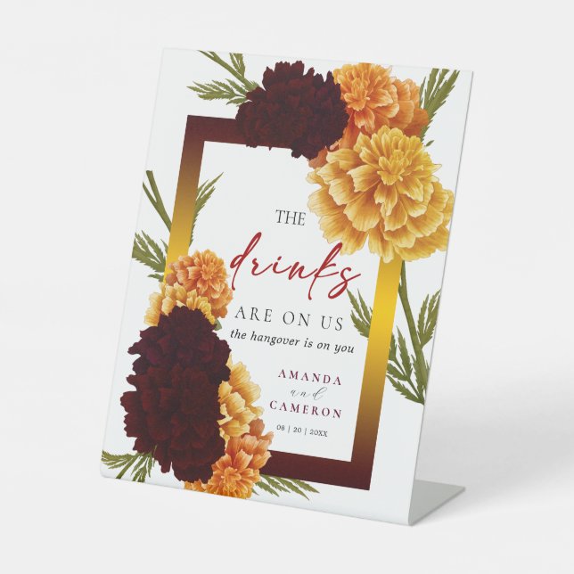 Elegant Burgundy Red  "Marigold" Open Bar Wedding Sockelschild (Vorderseite)