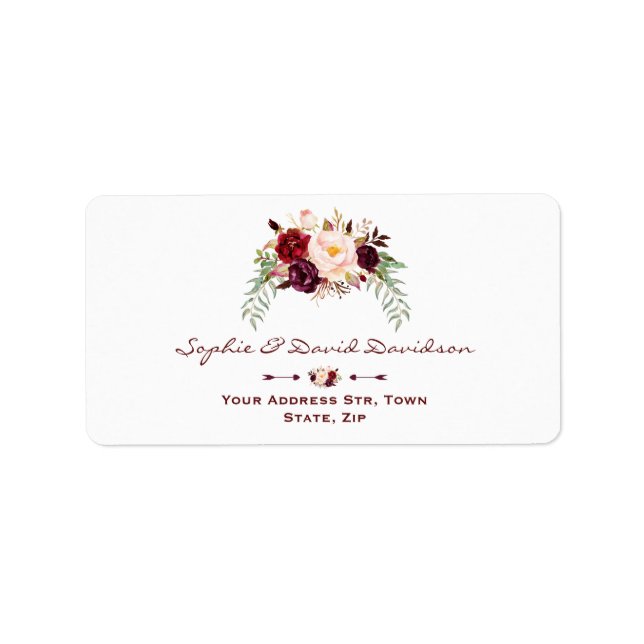 Elegant Burgundy Red Marsala Floral Wedding Adressaufkleber (Vorne)