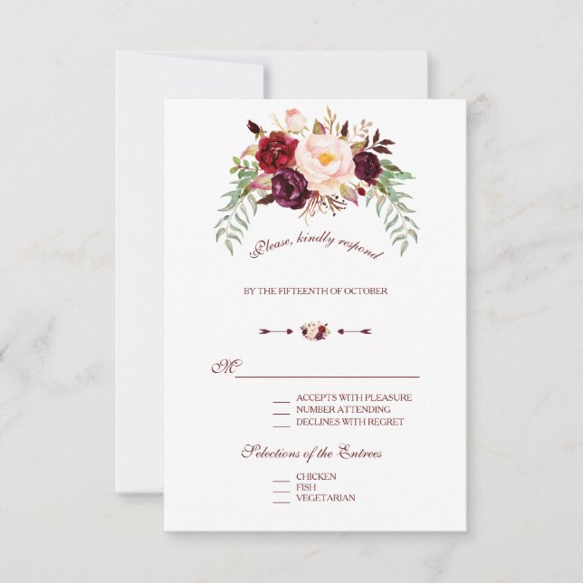 Elegant Burgundy Red Marsala Floral Wedding RSVP Karte (Vorderseite)