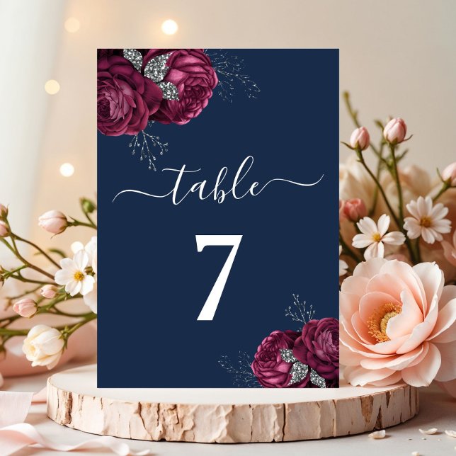 Elegant Burgundy Red Navy Blue Floral Peonies Tischnummer (Elegant Burgundy Red Navy Blue Floral Peonies Table Number)
