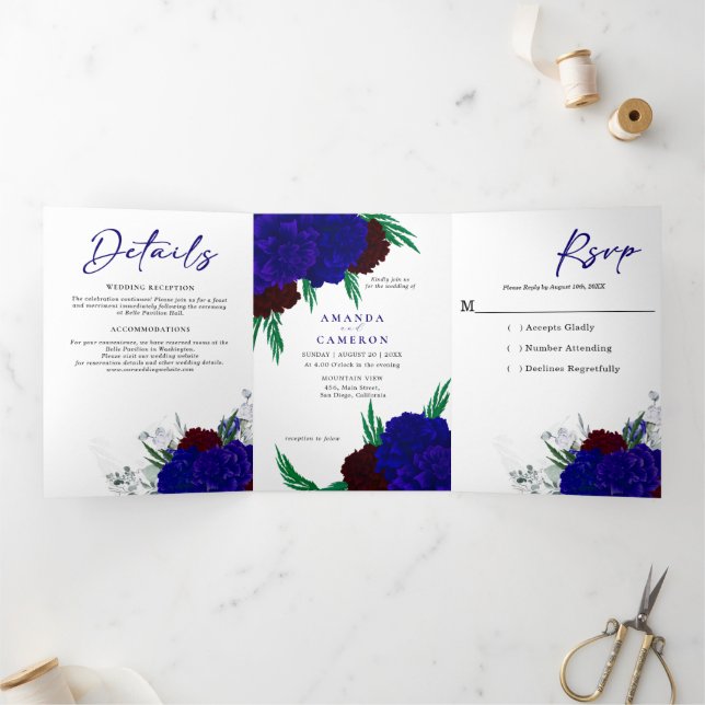 Elegant Burgundy Red Navy Blue "MARIGOLD" Wedding Dreifach Gefaltete Ankündigung (Innenseite)