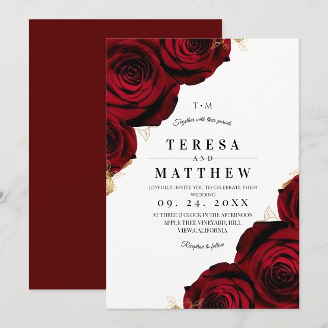 Elegant Burgundy Red Roses Floral Wedding Einladung (Vorne/Hinten)
