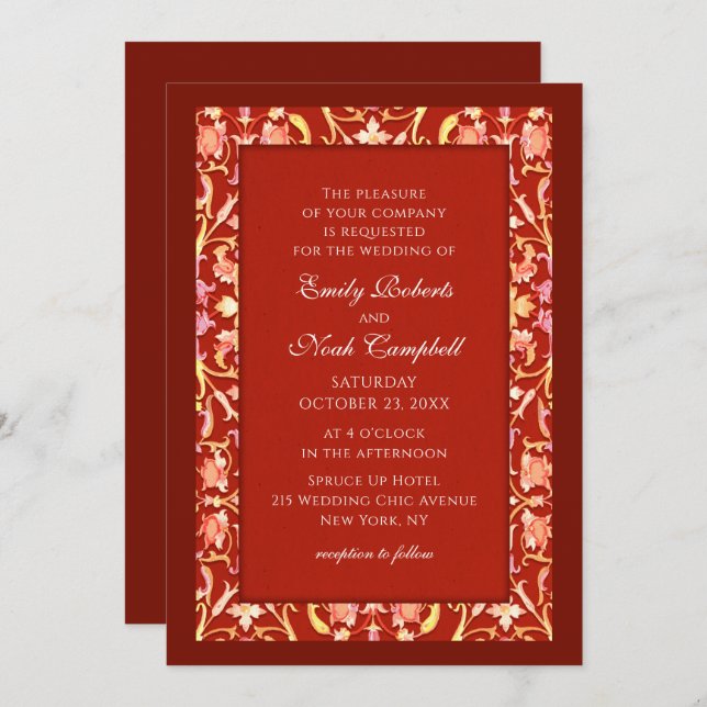 Elegant Burgundy Red Stylish Floral Wedding Einladung (Vorne/Hinten)