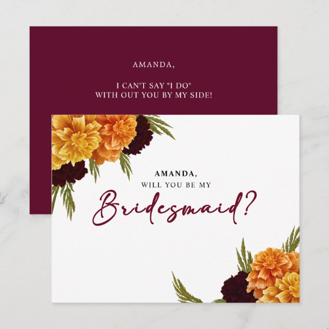 Elegant Burgundy Red Watercolor MARIGOL Bridesmaid Postkarte (Vorne/Hinten)