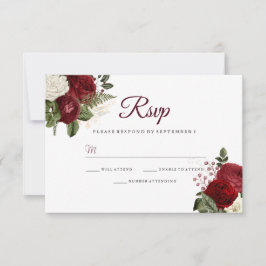 Elegant Burgundy Red White Floral Wedding RSVP Karte