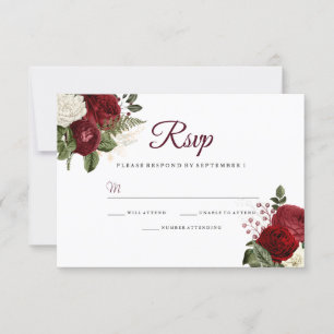 Elegant Burgundy Red White Floral Wedding RSVP Karte