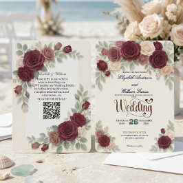 Elegant Burgundy Rose All In One QR Code Wedding Einladung