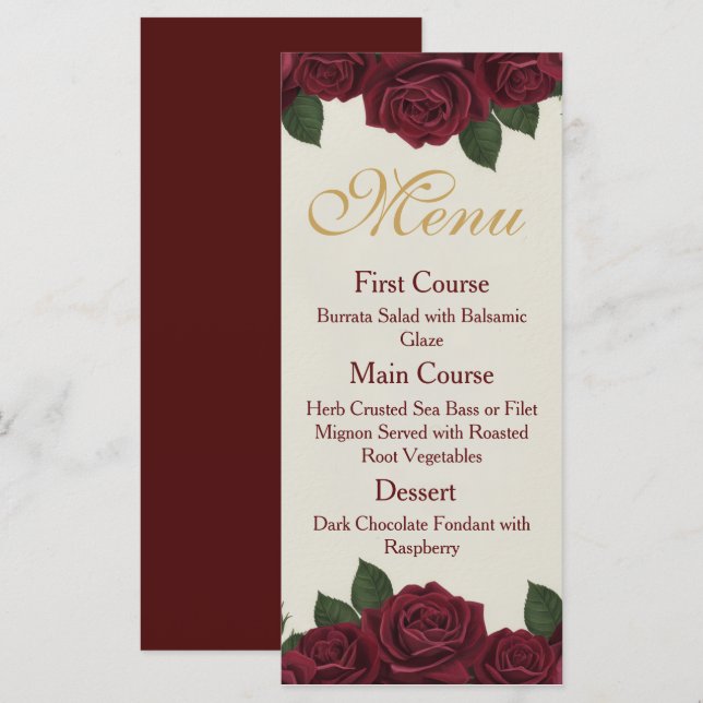 Elegant Burgundy Rose and Gold Floral Wedding Menu Menükarte (Vorne/Hinten)