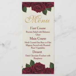 Elegant Burgundy Rose and Gold Floral Wedding Menu Menükarte