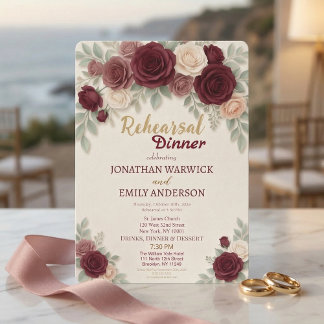 Elegant Burgundy Rose Chic Rehearsal Dinner Einladung