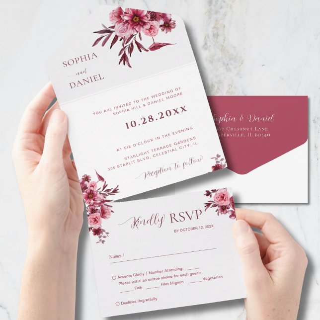 Elegant Burgundy  Rose Floral  Wedding Invitation  All In One Einladung (Von Creator hochgeladen)