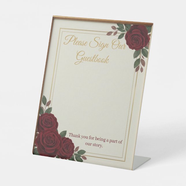 Elegant Burgundy Rose & Gold Guestbook Wedding Sig Sockelschild (Vorderseite)