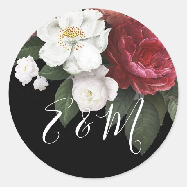 Elegant Burgundy Rose Monogram Wedding Runder Aufkleber (Vorderseite)