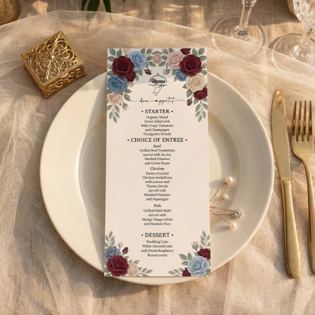 Elegant Burgundy Roses Wedding Menu Menükarte (Von Creator hochgeladen)