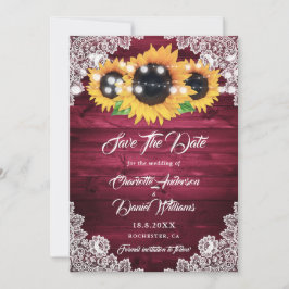 Elegant Burgundy Rustic Wood Lace Sonnenblume Save The Date