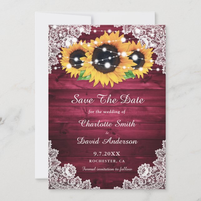 Elegant Burgundy Rustic Wood Lace Sonnenblume Save The Date (Vorderseite)