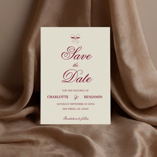 Elegant Burgundy Script Cream Ivory Bow Wedding Save The Date (Von Creator hochgeladen)