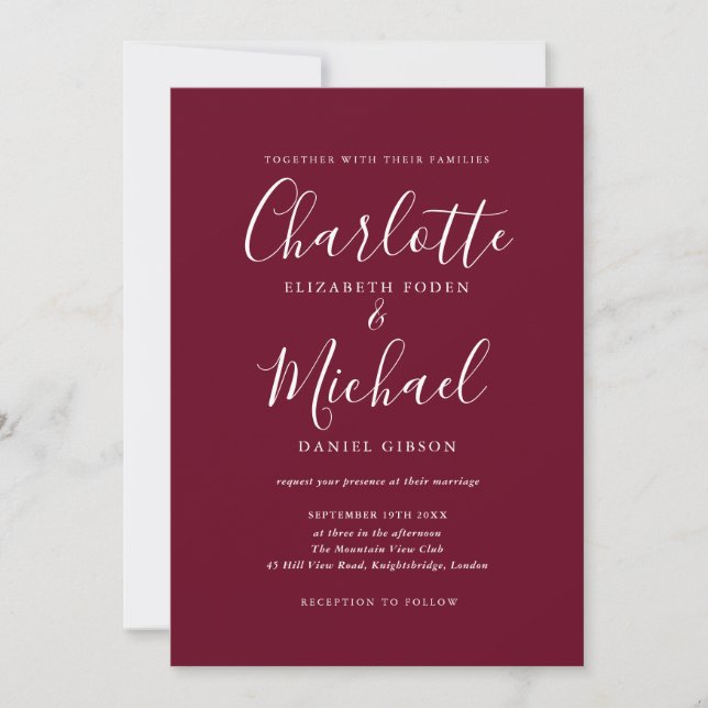 Elegant Burgundy Signature Script Wedding Einladung (Vorderseite)