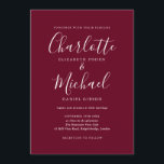 Elegant Burgundy Signature Script Wedding Einladung<br><div class="desc">Elegante bordeauxfarbene Einladung zur Hochzeit mit den prächtigen Stilnamen,  diese stilvolle burgundy und white wedding Einladung kann mit Ihren Hochzeitsdetails in schicken weißen Schriftzeichen personalisiert werden. Sie können den Hintergrund an Ihre Lieblingsfarbe anpassen. Entwickelt von Thisisnotme©</div>