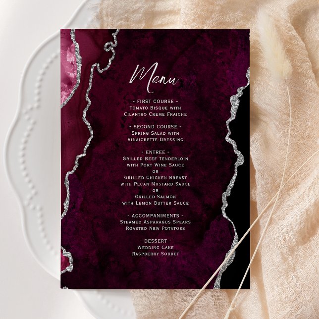 Elegant Burgundy Silver Agate Wedding Menu Menükarte (Von Creator hochgeladen)