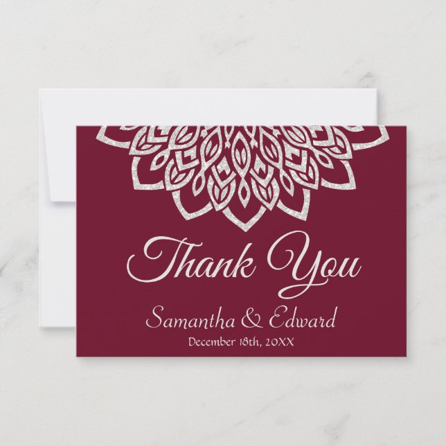 Elegant Burgundy Silver Mandala Wedding Dankeskarte (Vorderseite)