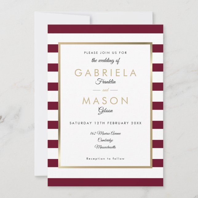 Elegant Burgundy Stripe Wedding | Imitats Gold Foi Einladung (Vorderseite)