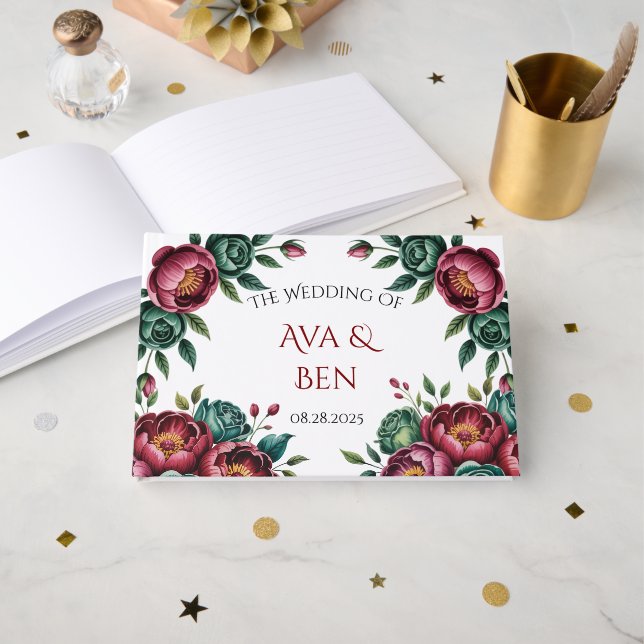 Elegant Burgundy und Emerald Peony Wedding Gästebuch (Vorderseite Offen)