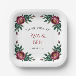 Elegant Burgundy und Emerald Peony Wedding Pappteller