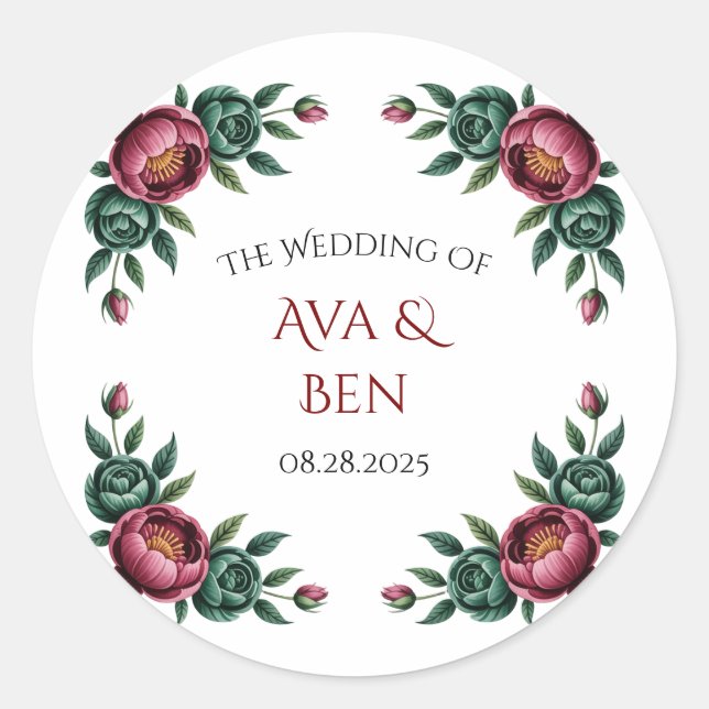 Elegant Burgundy und Emerald Peony Wedding Runder Aufkleber (Vorderseite)