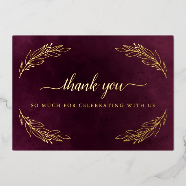 Elegant Burgundy und Gold Wedding Vielen Dank Folieneinladung (Vorderseite)
