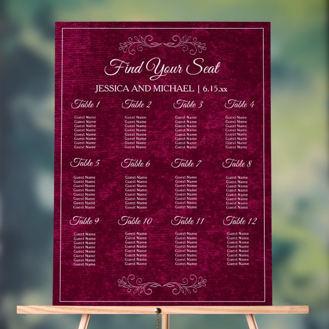 Elegant Burgundy Velvet Wedding Seating Chart  Acrylschild (Neutral)