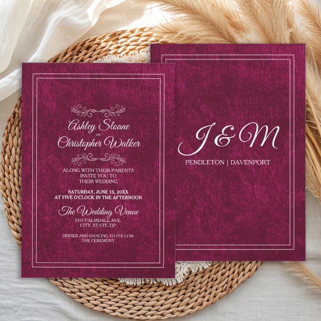 Elegant Burgundy Velvet White Monogram Wedding Einladung (Elegant velvet burgundy wedding invitation with back-of-invitation monogram)