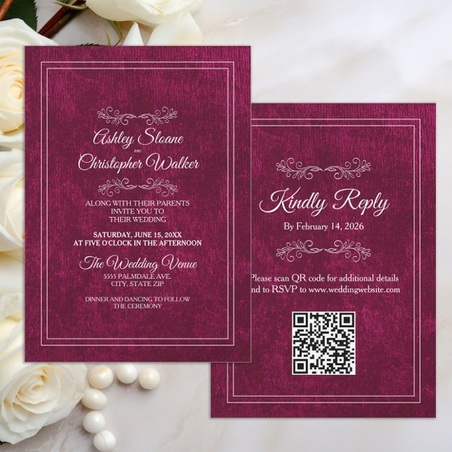 Elegant Burgundy Velvet White QR code Wedding Einladung (Burgundy velvet wedding invitation with your QR code)