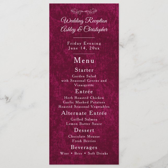 Elegant Burgundy Velvet White Wedding Reception  Menükarte (Vorderseite)