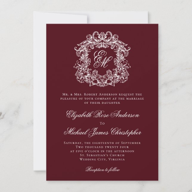 Elegant Burgundy Vintage Crest Monogram Wedding Einladung (Vorderseite)