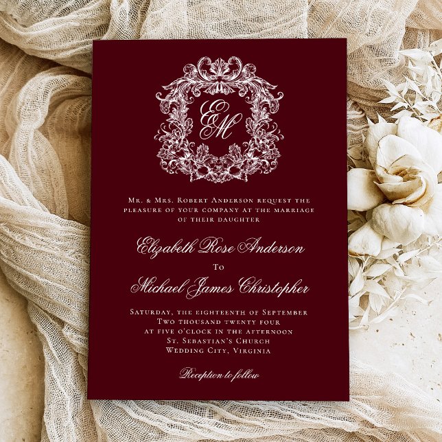 Elegant Burgundy Vintage Crest Monogram Wedding Einladung (Von Creator hochgeladen)