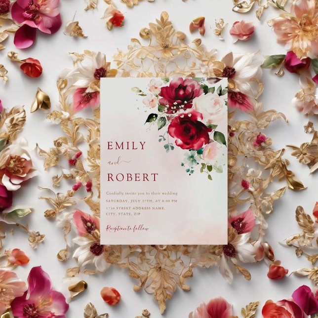 Elegant Burgundy Watercolor Floral Boho Hochzeit Einladung (Von Creator hochgeladen)